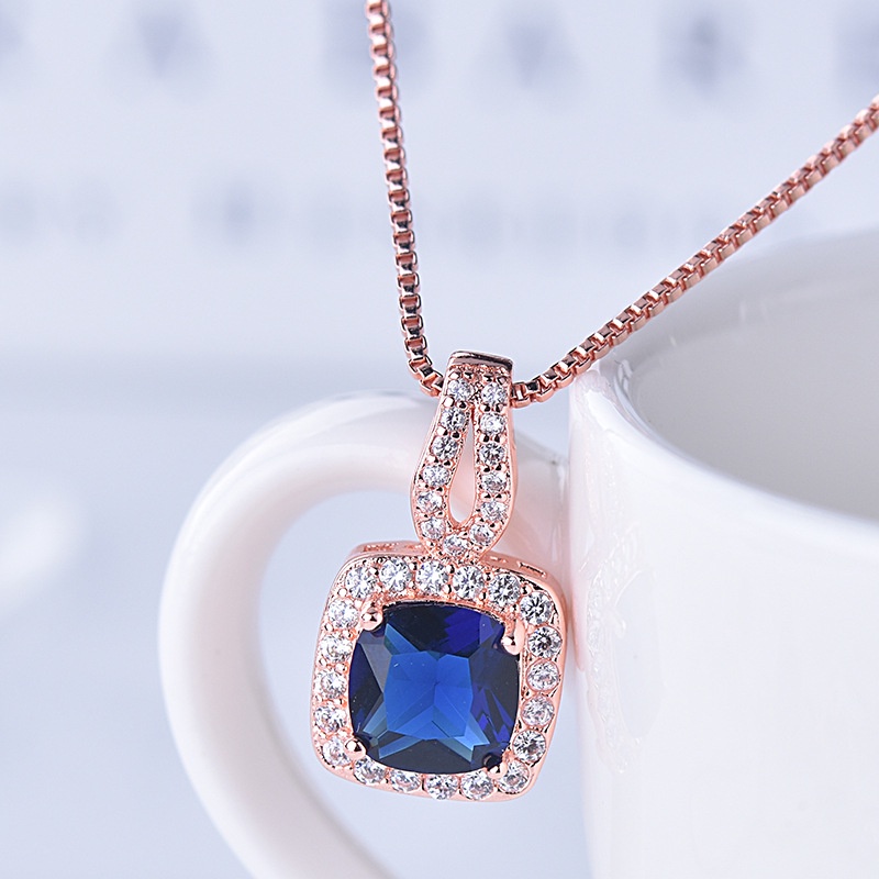 Kalung Rantai Klavikula Hias Liontin Berlian Zirkon Bentuk Persegi Emas Asli Kadar 375Lapis Rose Gold Untuk Wanita