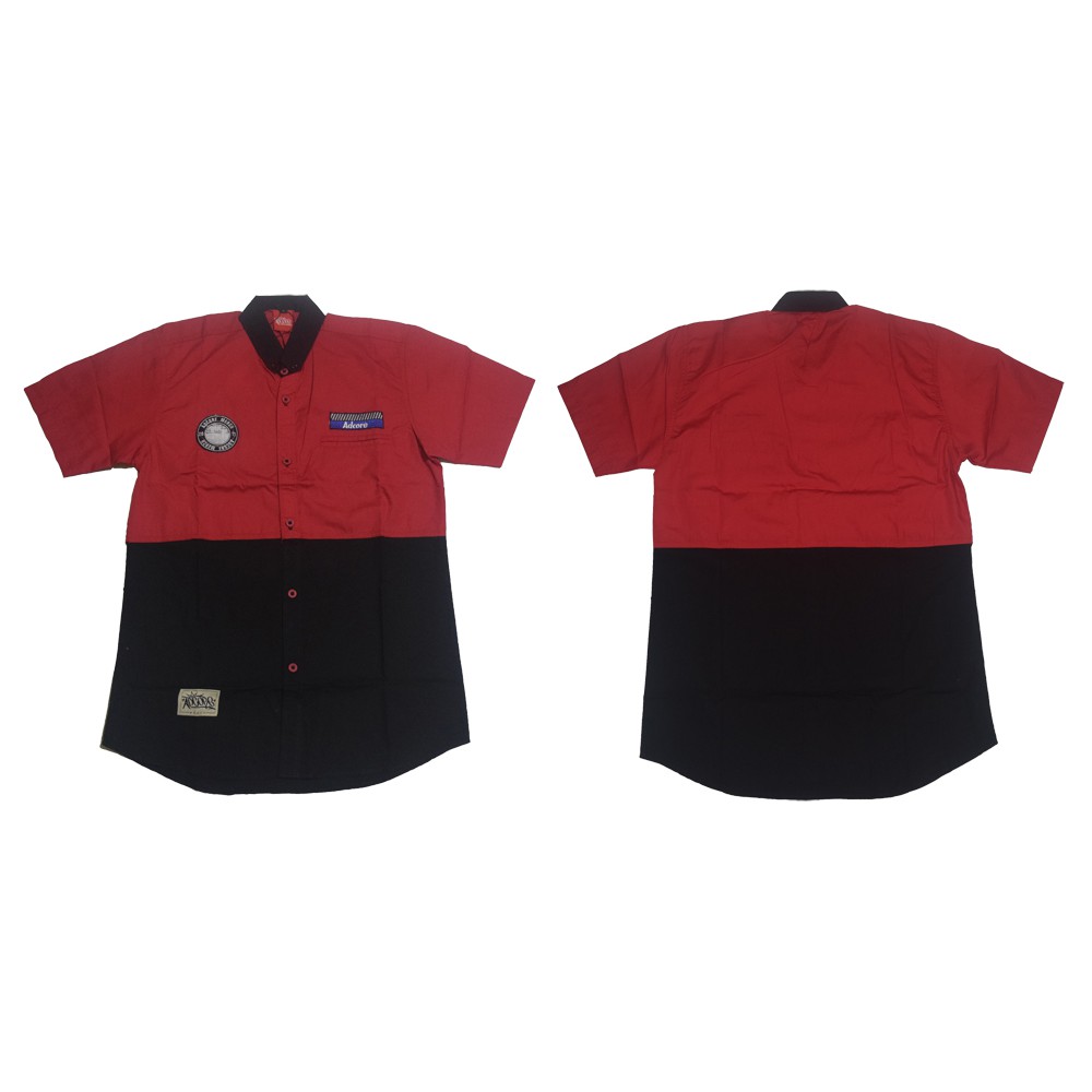 KEMEJA PRIA WORKSHIRT DISTRO ADCORE MERCH ORIGINAL BAJU ATASAN LENGAN PENDEK MERAH KOMBINASI HITAM