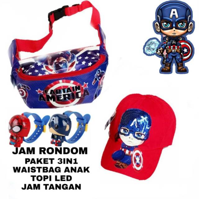 Paket Hemat 3in1 Tas Waistbag Batman Dinir+ Topi Bordir + Jam Tangan Pencet