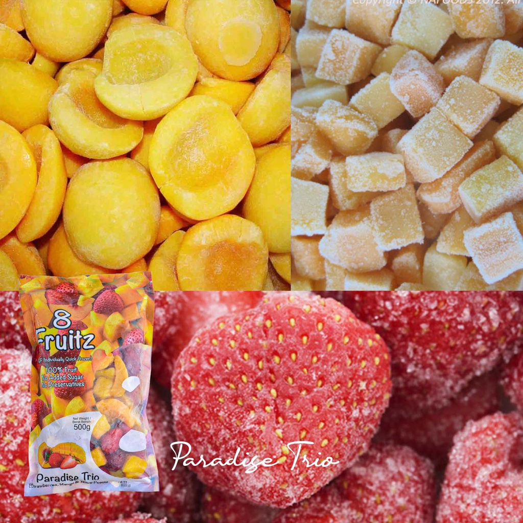 Frozen IQF Paradise Trio Beku (Strawberries,Mango&amp;Yellow Peach )500 Gr