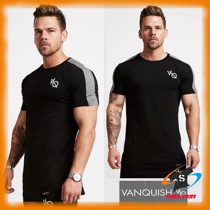 Kaos VQ STRIPE / Baju Vanquish gym fitnes pria shoulder list CASUAL hitam