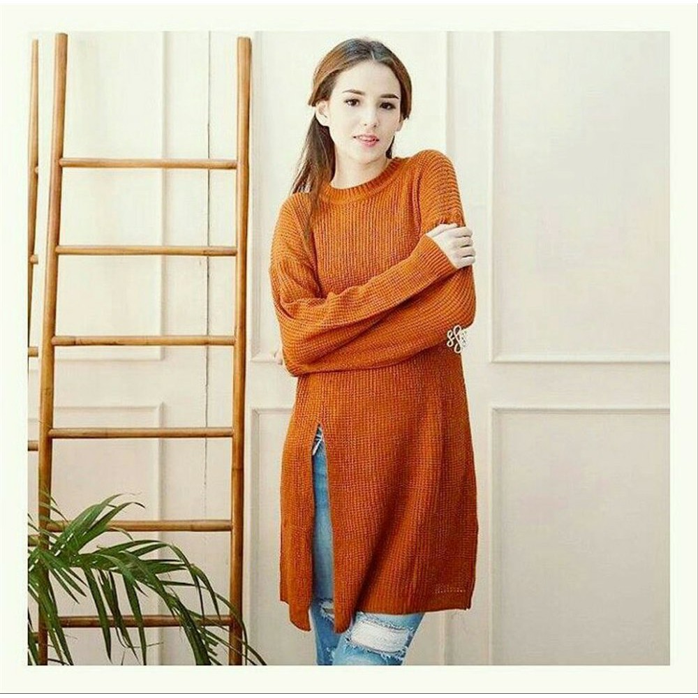 Baju Rajut Wanita Korea Baru Slit New Orange Sweater Murah Diskon
