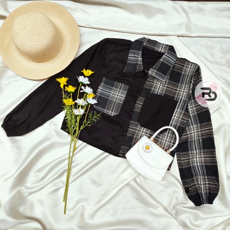 RD FASHION Mika Crop Top / KEMEJA CROP / kemeja TWO TONE / TARTAN KEMEJA CROP / TARTAN CROP-KOTAK BESAR HITAM