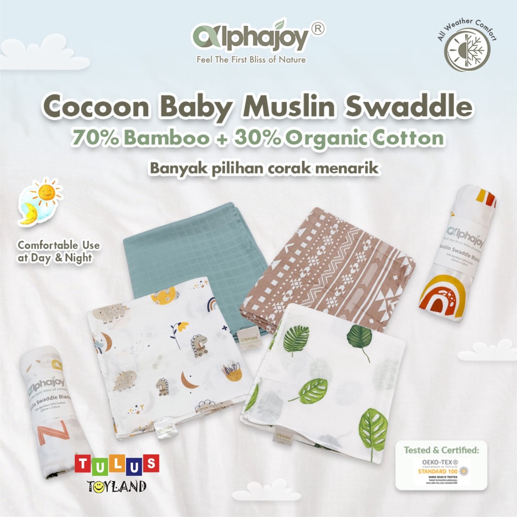 Bedong Bayi Alphajoy Cocoon Baby Muslin Swaddle Bamboo Organic Cotton soft selimut katun bambu premium corak lucu beddong polos