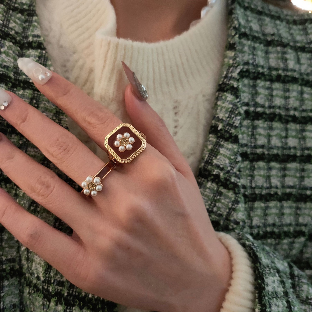 Vintage court merah anggur mutiara bunga cincin untuk wanita cahaya mewah minoritas desain indah ter