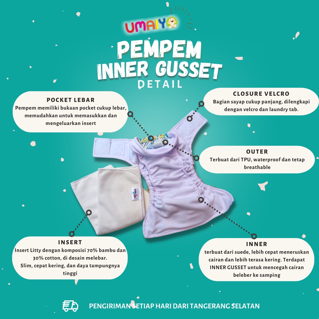 Clodi Popok Kain Bayi PEMPEM INNER GUSSET termasuk INSERT CLoudy cuci ulang KLODI