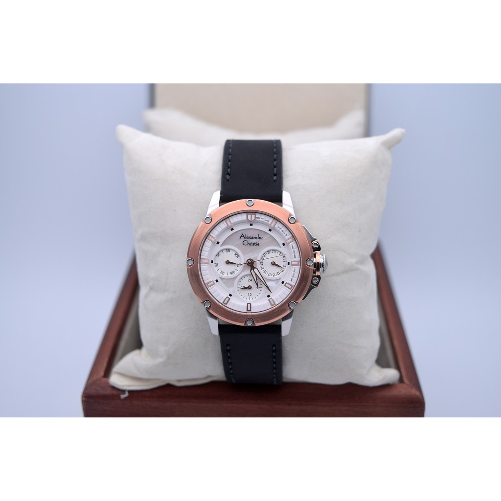 Alexandre Christie AC 6416 Silver Rose Gold Leather Black for Ladies Original