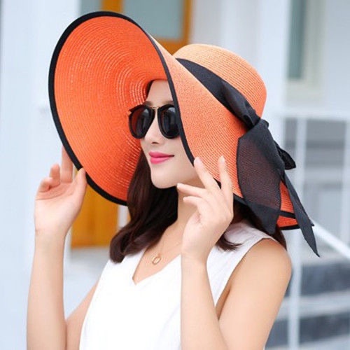 Topi pantai korea lebar anti panas straw hat summer hat pengehalang sinar UV matahari