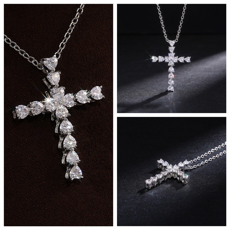 Crystal Heart Cross Pendent Necklaces For Women Shiny CZ Fine Anniversary Gift Fashion Versatile Female Necklace