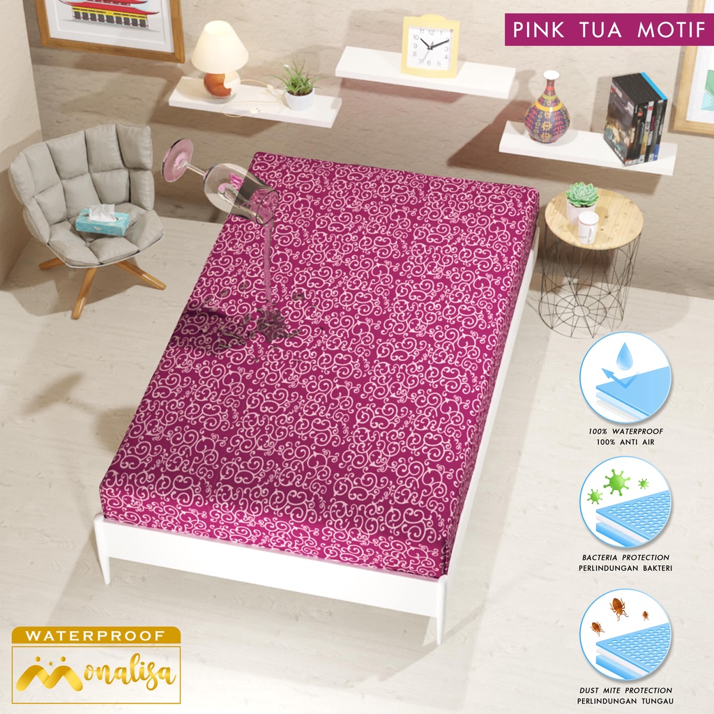 Monalisa Waterproof Sprei Uk 100/120 - Pink Tua Motif