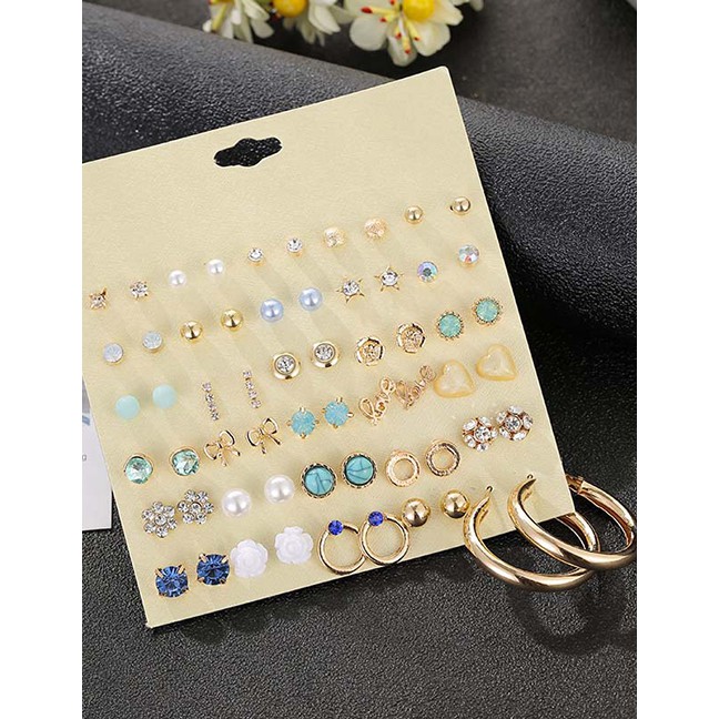 LRC Anting Set Fashion Color Pearl Ball Geometric Earrings Set Of 30