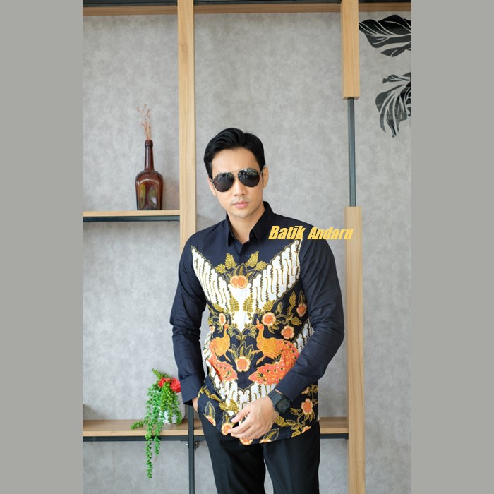 Batik Pria Slimfit Lengan Panjang Modern Heem Premium Bahan Katun Primisima Solo Warna Hitam Motif Bunga