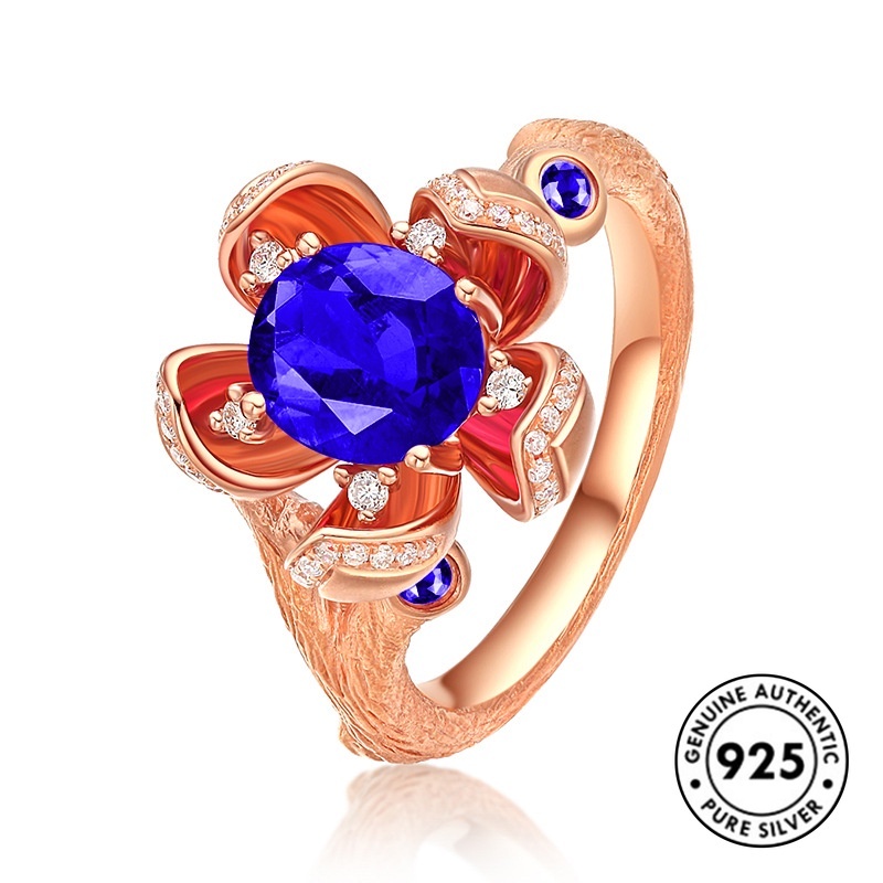 Cincin Desain Bunga Ruby Bahan S925 Silver Warna Rose Gold Untuk Wanita