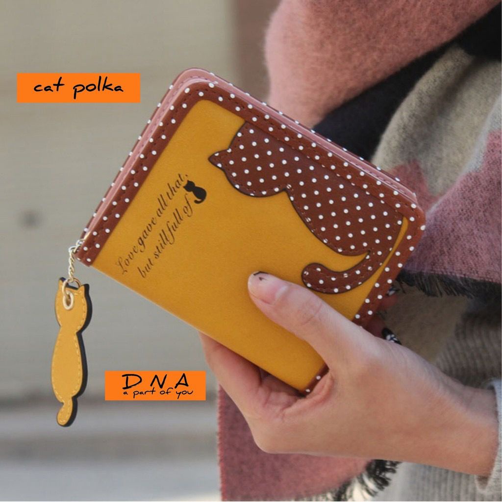 FLASH SALE 7.7 - DOMPET LIPAT/PENDEK WANITA POLKADOT KUCING UKURAN 19x9 CM | DOMPET WANITA HITAM, PEACH, KUNING, UNGU | DOMPET RECEH/LIPAT | DOMPET UANG KERTAS/KOIN