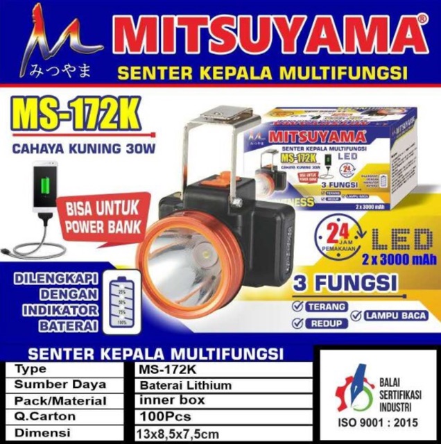 Senter Kepala 30 Watt Multifungsi + Powerbank Putih Kuning MS-172 P K Mitsuyama