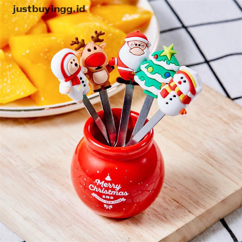 5pcs / Set Garpu Buah Salad Sayuran Desain Kartun Santa Claus Natal Bahan Stainless Steel