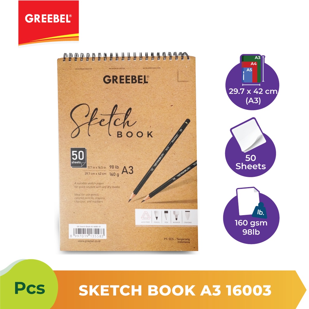 Sketchbook/ Buku Gambar A3 160Gsm 98LB 50 Sheets 16003-02 Greebel