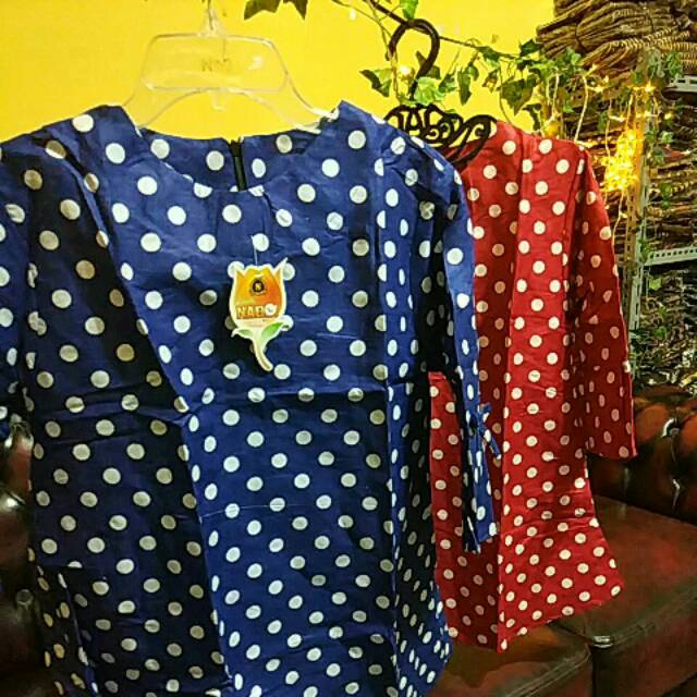 BLUS POLKA LONCENG LENGAN TROMPET PITA POLKADOT MERAH BIRU