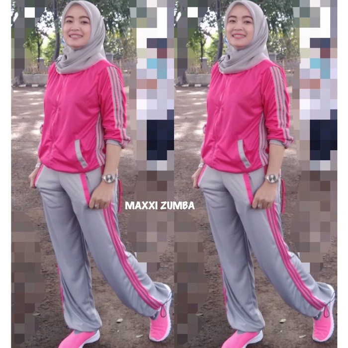 Setelan Baju  Senam  Lapangan Adidas Pink Abu Zumba  Aerobik 