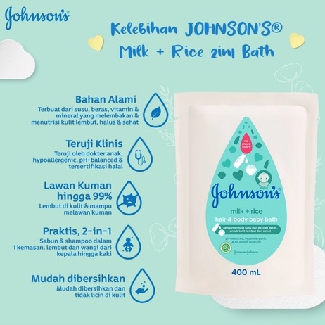 Johnsons Milk + Rice Hair &amp; Body Baby Bath - Sabun Bayi 2in1 Refill 400ml