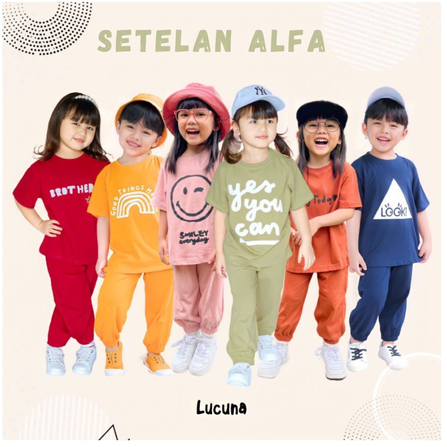 Setelan Anak Unisex Alfa Lucuna SMILEE Size 1-5Tahun / Setelan Boy and Girl / Setelan anak Lucu CBKS S24