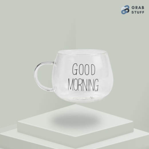 Cangkir Kopi Glass Coffee Mug Good Morning 350ml / Cangkir Kopi Stainless Gelas Tulisan Good Morning Gelas Unik Murah Dan Lucu / Gelas Cangkir Kopi Teh Anti Panas  Gelas Kaca Aesthetic Murah / Gelas Tahan Panas Dingin Stainless Kecil Tipis