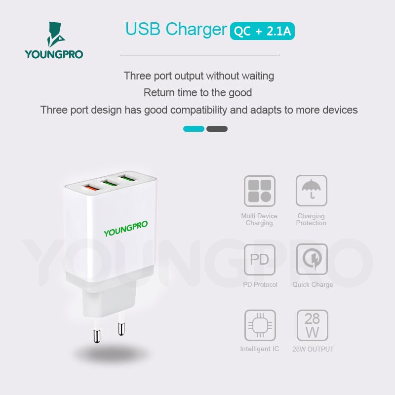 (BERGARANSI 1 TAHUN) YOUNGPRO YPC03 Charger 28W 3 Port Quick Charge QC 3.0 Fast Charging Kepala Cas HP Murah Warna Putih