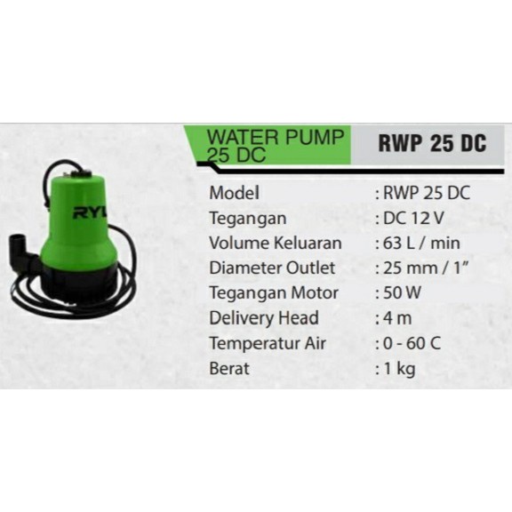 Ryu Mesin Pompa Air Celup 1 Inch Arus DC 12 Volt DC RWP25DC