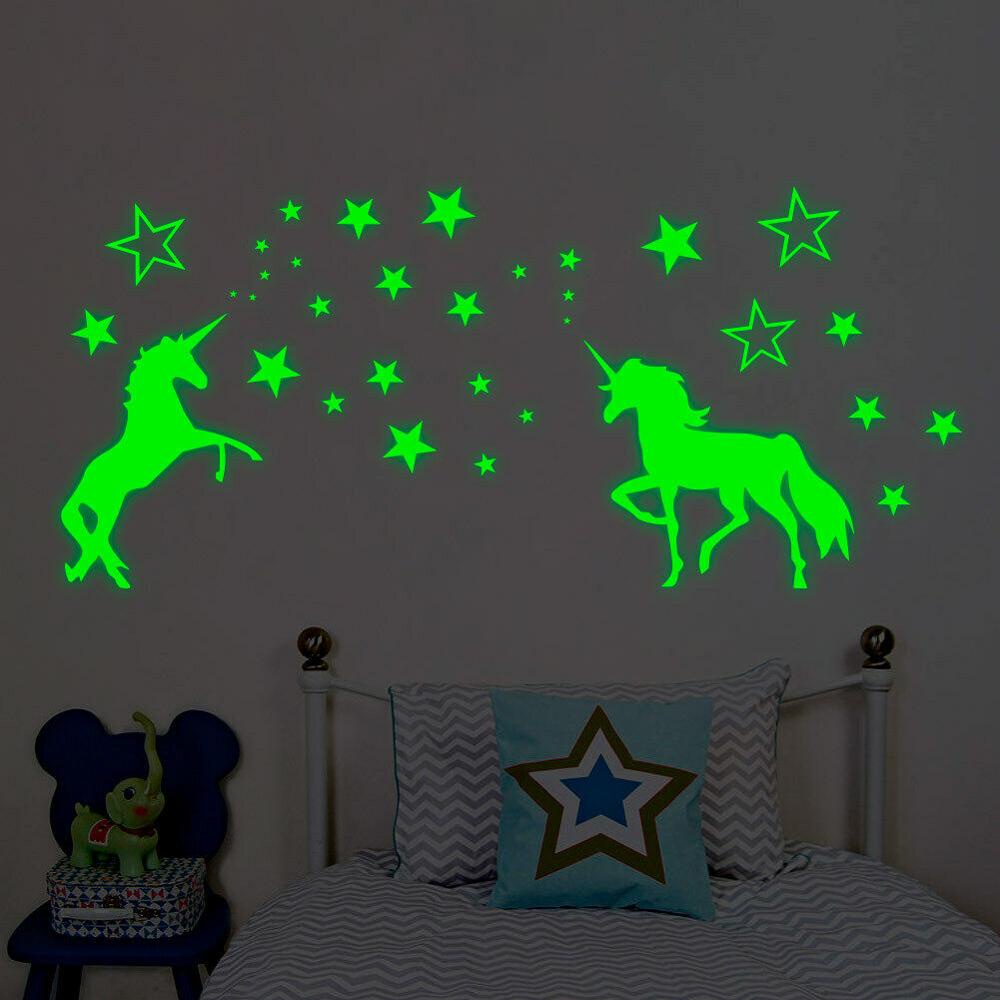 Stiker Dinding Desain Kartun Unicorn Bintang 3D Untuk Dekorasi Natal Wallpaper Glow in the Dark Untuk Dekorasi Rumah