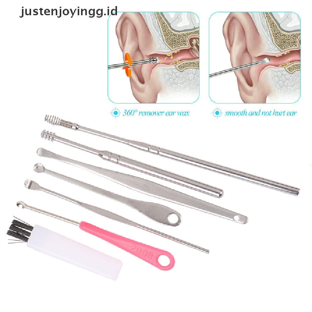 // justenjoyingg.id // 7Pcs/Set Stainless Steel Ear Pick Curette Wax Earpick Scoop Remover Cleaner Tool ~