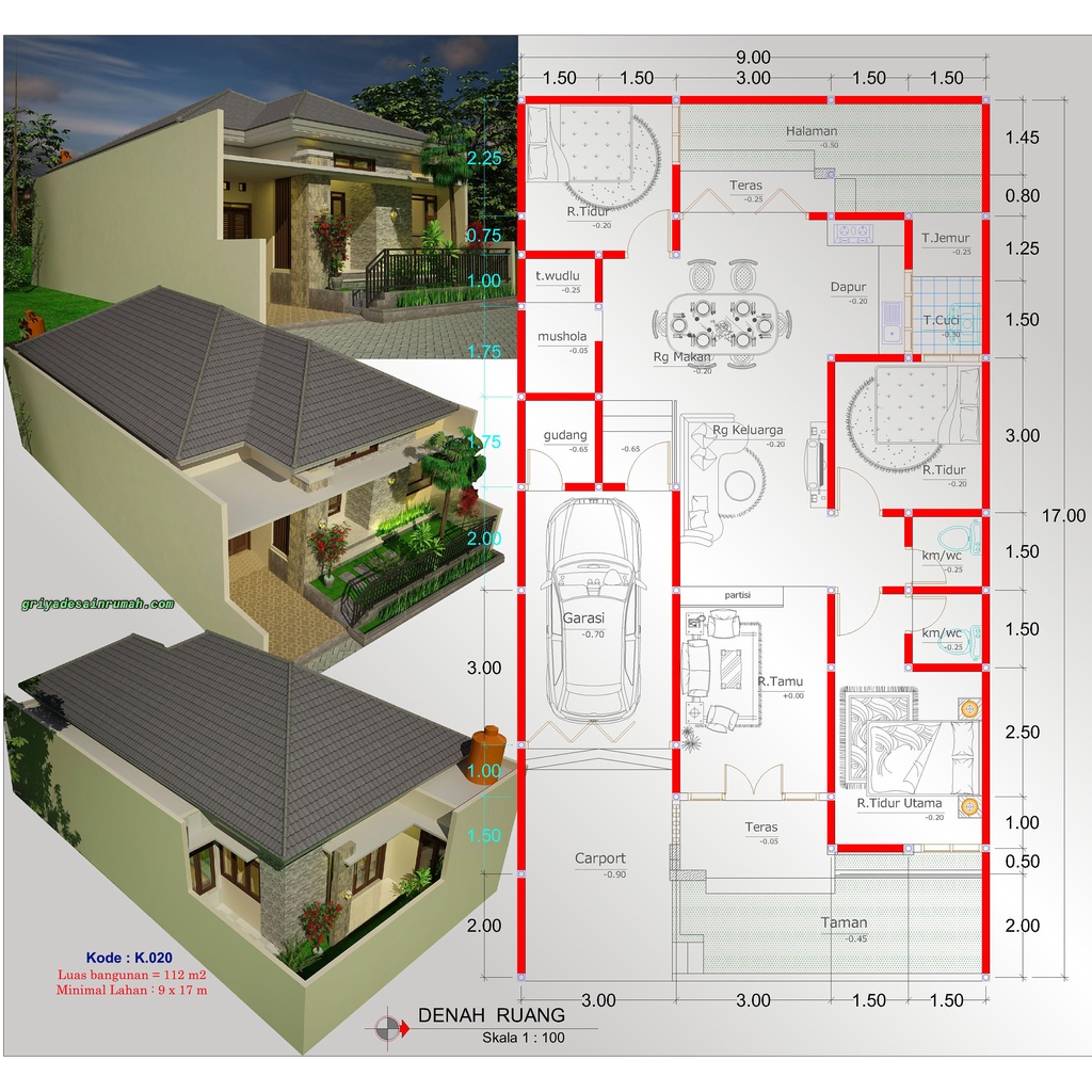 Jual Gambar Rumah 1 Lantai Lebar 9 Meter Denah 3 Kamar Tidur dan Mushola Desain Minimalis | Shopee Indonesia - Denah Rumah Type 300 1 Lantai