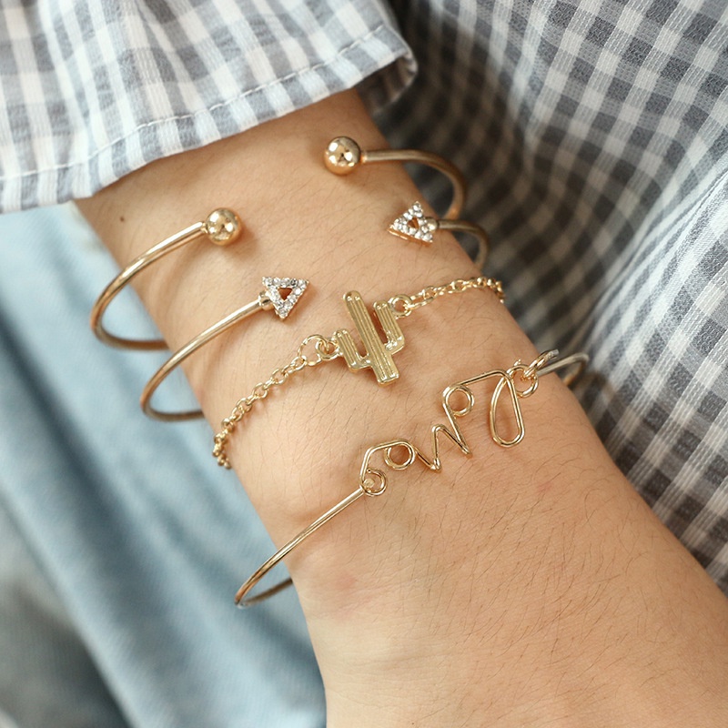 4pcs / Set Gelang Bangle Terbuka Adjustable Desain Daun Gaya Bohemia Untuk Wanita