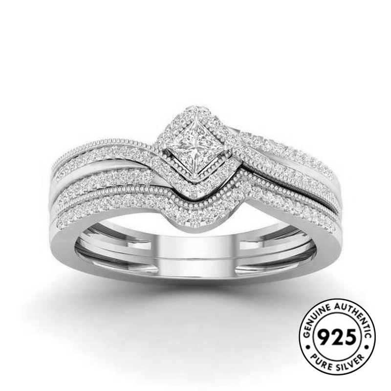 S925 Silver New Luxury Inlaid Diamond Square Princess Ring Set