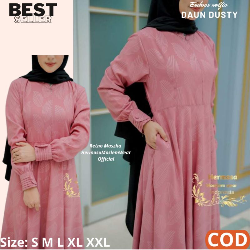 Gamis Original Branded  Muslimah Syar'i  Motif Daun Original by Hermosa Gamis Untuk remaja & bunda G