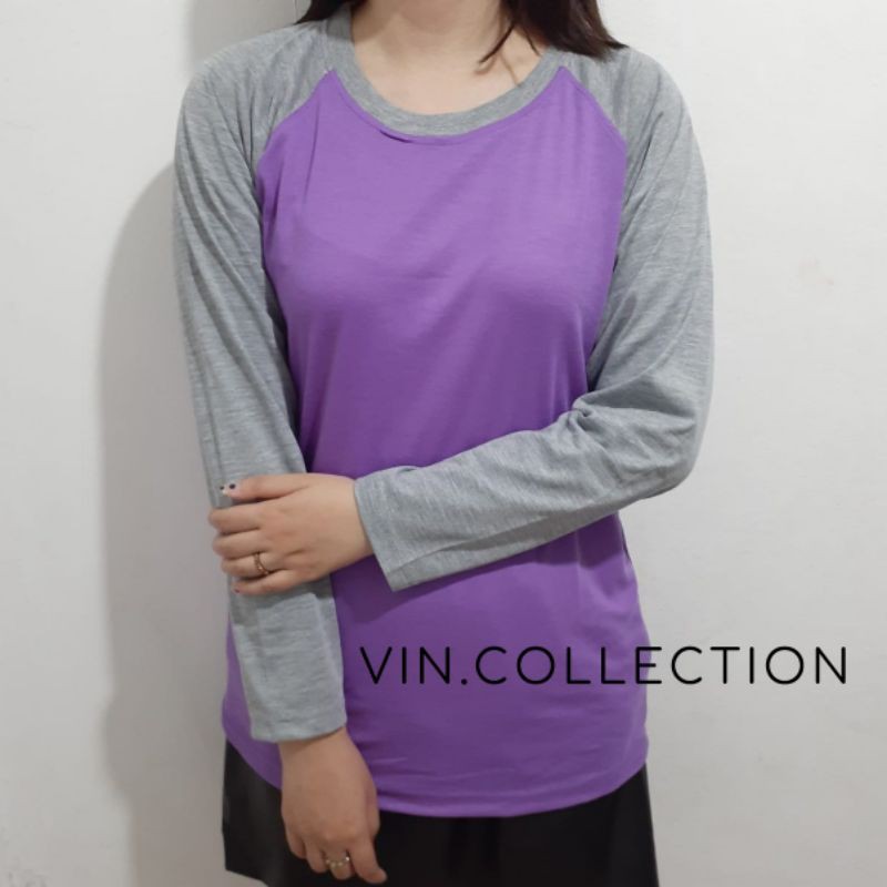 Kaos polos raglan  pria wanita - ungu kombinasi abu