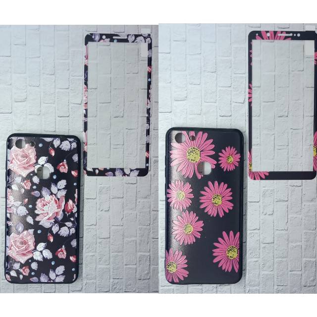 Case F5/A71/J7 Plus/V7 Flower/Bunga + Tempered Glass