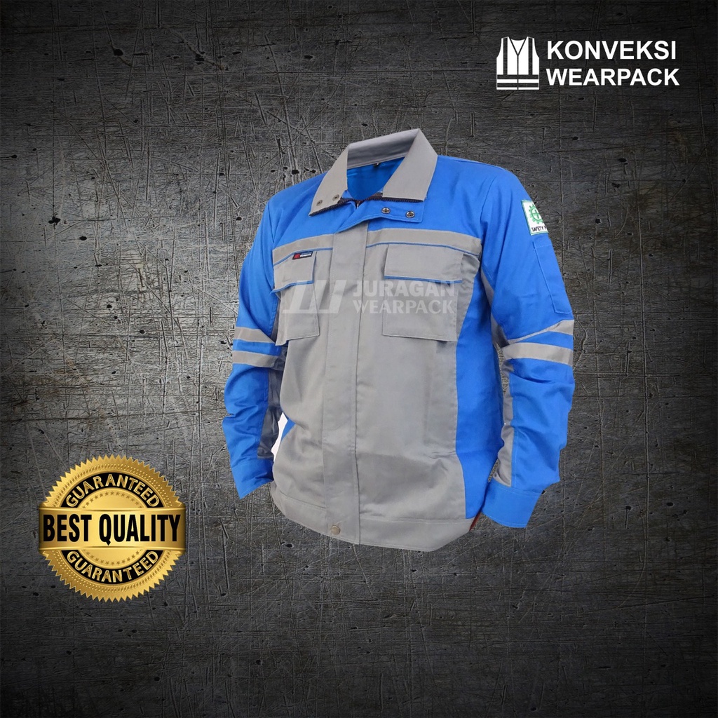 Wearpack Kerja Model Semijaket Warna Biru Benhur Kombinasi Abu-abu