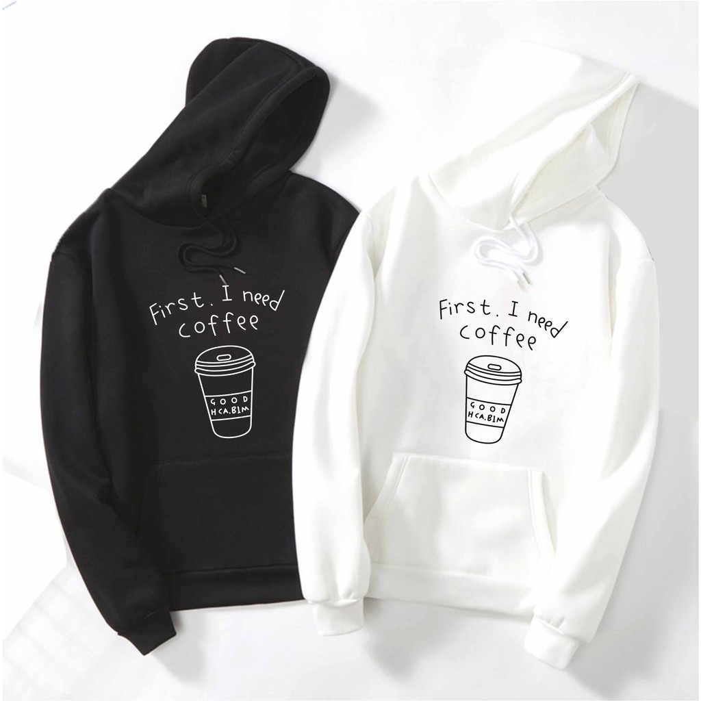 FenishaStore Sweater Hoodie Kantong Depan First I Need Cofee Bisa Bayar Ditempat COD