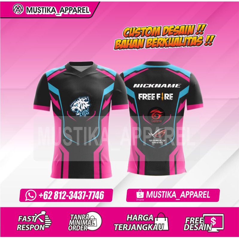 BAJU JERSEY FF TERBARU 2021,JERSEY CUSTOM GAMING ML, PUBG,EVOS, AURAH, FREE NICKE NAME