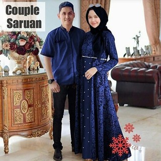 COD - Saruan Couple Baju Pasangan Setelan Gamis Brukat Mutiara Set Kemeja Outfit Muslim Pesta Kondangan Termurah Terlaris