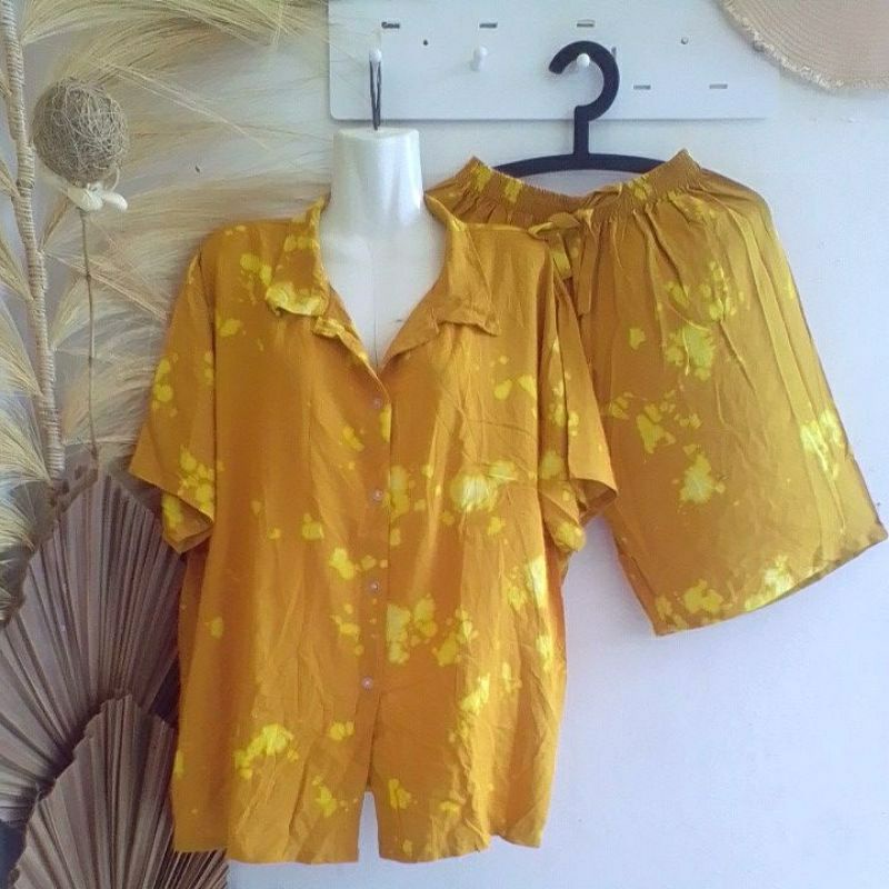 set kerah tie dye lengan pendek celana pendek jumbo xxl