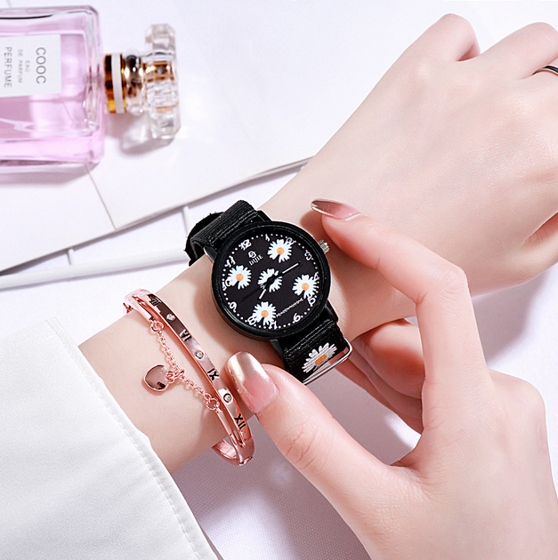 jam tangan Wanita Quartz Analog GD same paragraph Small Daisy Motif Kanvas Untuk Women Watch Set-2