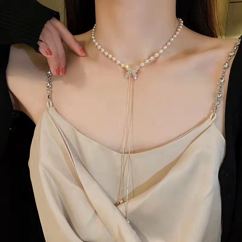 Kalung Choker Liontin Kupu-Kupu Rumbai Panjang Bahan Logam Dapat Disesuaikan Gaya Korea Untuk Wanita