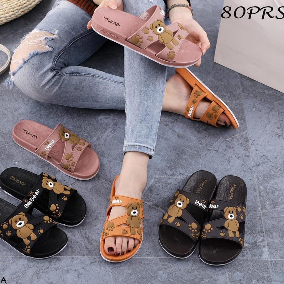 NKYK Sandal slop wanita zigzag motif bear cute cantik keren Import Mokaya / size 37-41( 2059-B-83) .