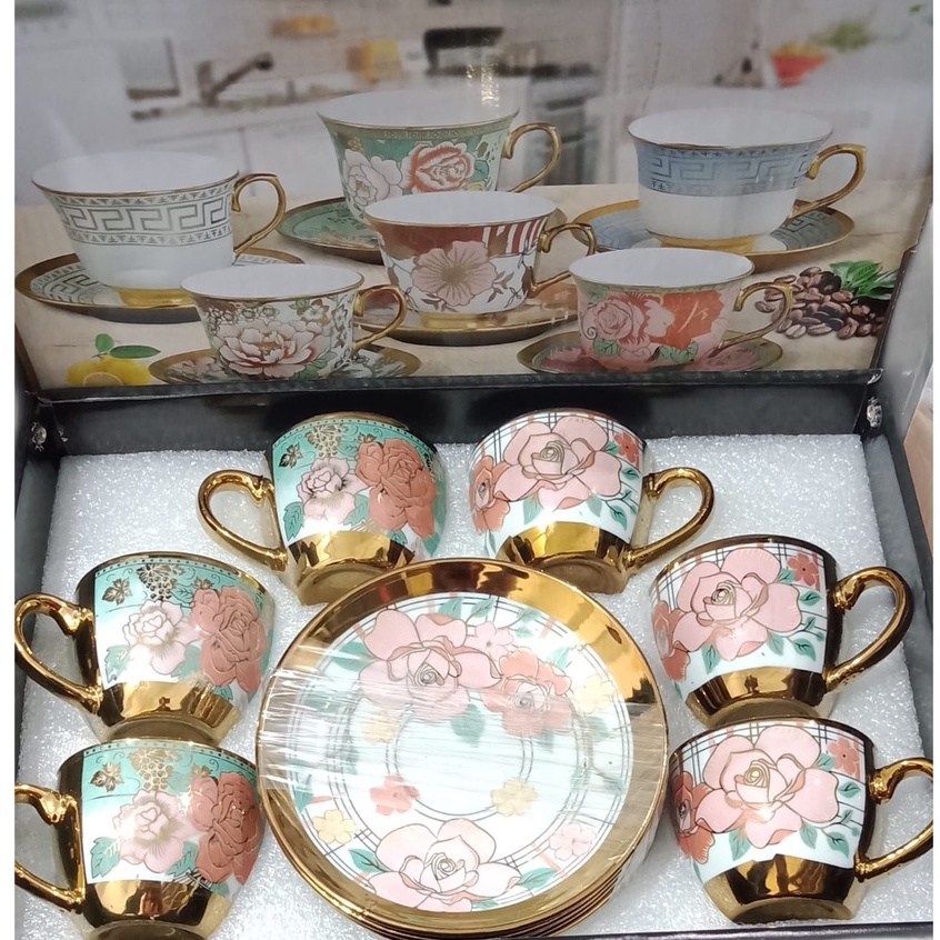 Cangkir Teh Keramik Motif Bunga Gold Set 12pc