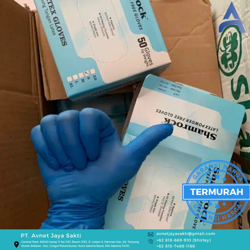Sarung tangan latex handscoon non powder BIRU Shamrock Powder Free Blue 50s