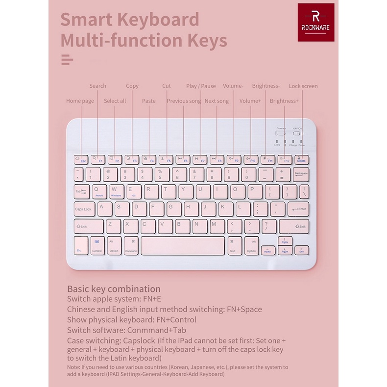 ROCKWARE CS030 - Universal Colourful Slim Bluetooth Keyboard 10 inch