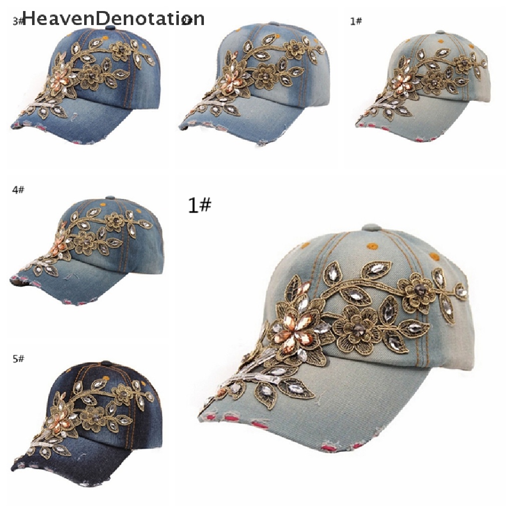 Topi Baseball Adjustable Bahan Denim Aksen Kristal Berlian Imitasi Untuk Pria Dan Wanita