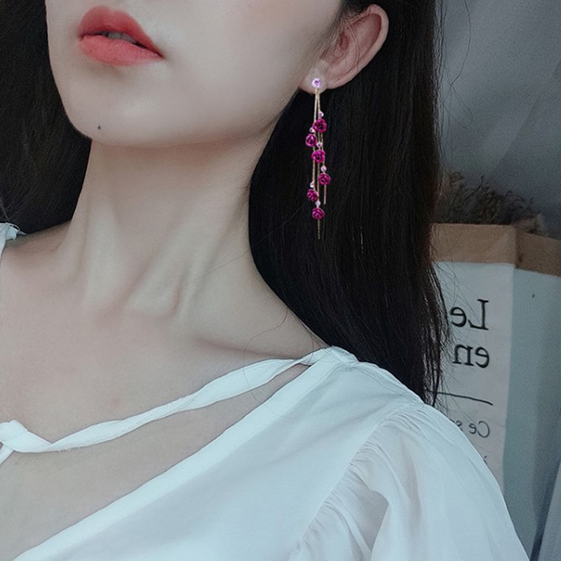 Anting Gantung Panjang Model Kelopak Bunga Dengan Rumbai Warna Merah / Ungu Untuk Wanita