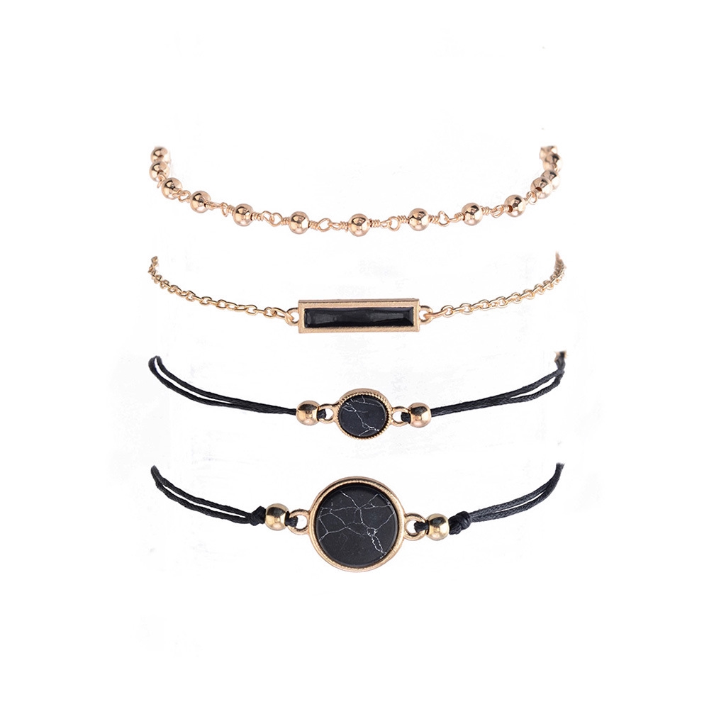 【TERSEDIA &amp; COD】[4 Pcs] Sederhana Hitam Bohemian Persegi Lingkaran Geometri Rantai Gelang Set Hadiah Elegan